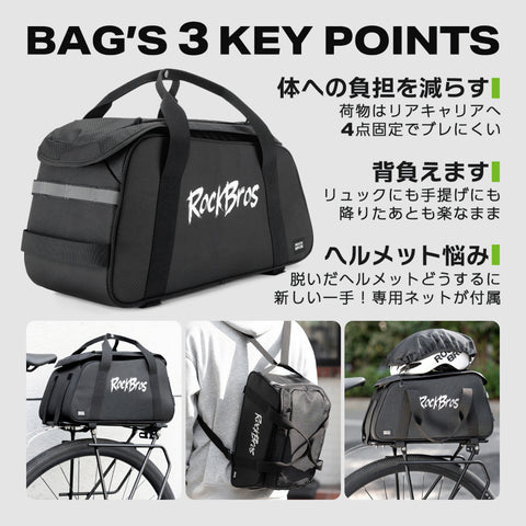 ROCKBROS リアキャリア バッグ 10.5L 背負える3WAY ヘルメットネット・レインカバー付属 30140124001