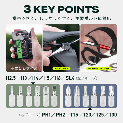 ROCKBROS ミニラチェット 自転車工具 12in1 携帯マルチツール 六角 トルクス 延長棒付き 430034001